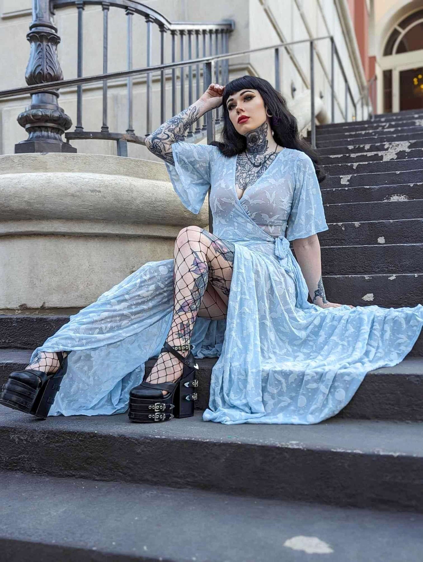 WAX POETIC Lydia wrap dress in Ice Queen of Halloween Flocked Mesh