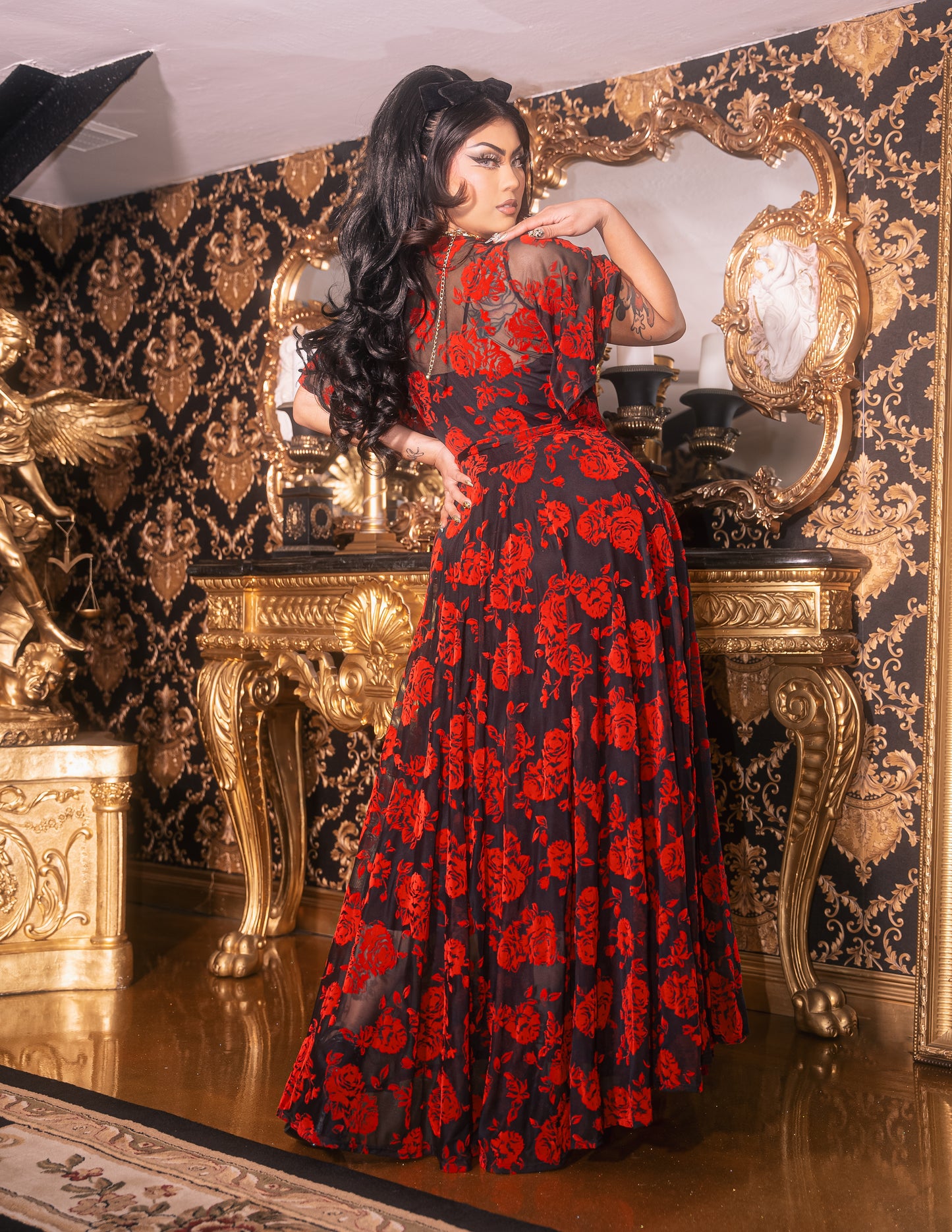 Lydia Wrap Dress in Flocked Red Rose on Black Mesh