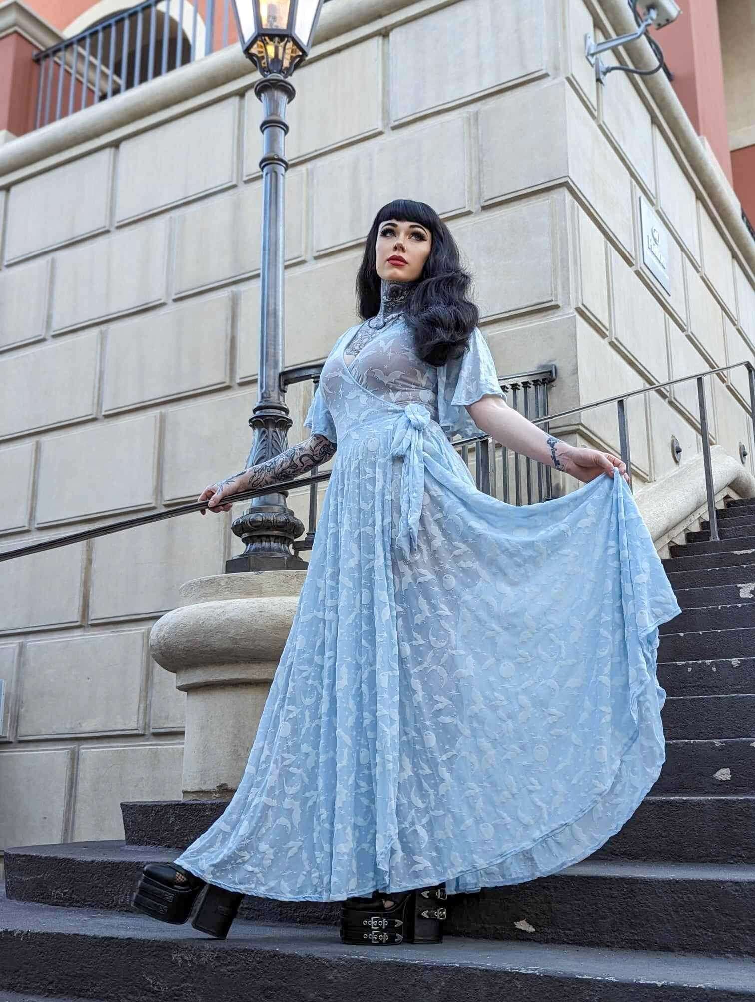 Lydia wrap dress in Ice Queen of Halloween Flocked Mesh