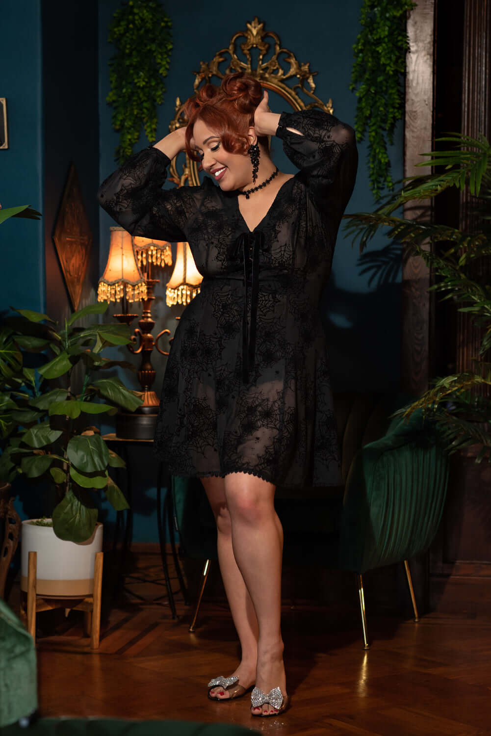 BLACK PENNY MINI DRESS WITH BISHOP SLEEVES AND BLACK FLOCKED SPIDERWEBS