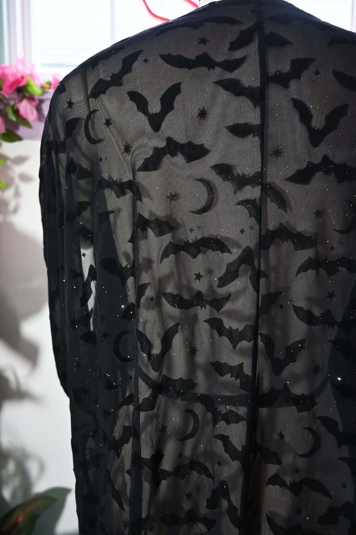 BLACK BAT MOON FLOCKED SPARKLE MESH KIMONO