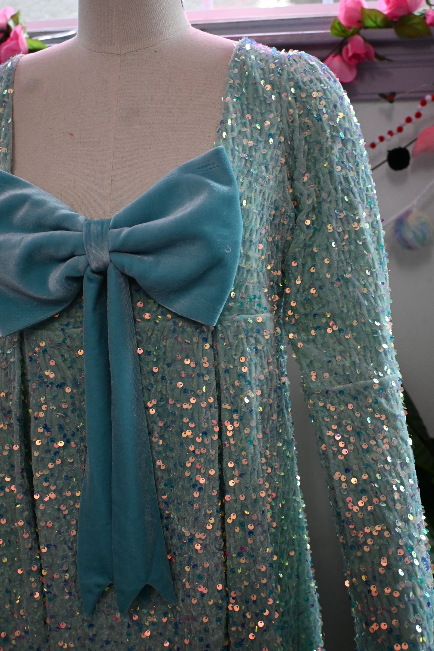 Priscilla 60's Bell Sleeve Sequin Velvet Mini Dress in Seafoam