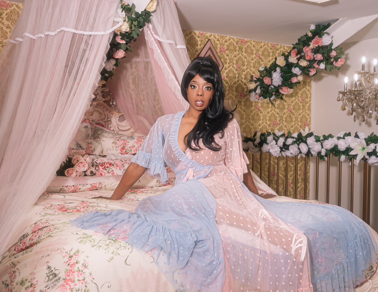 Briar Rose Colorblocked Polka Dot Mesh Dressing Gown