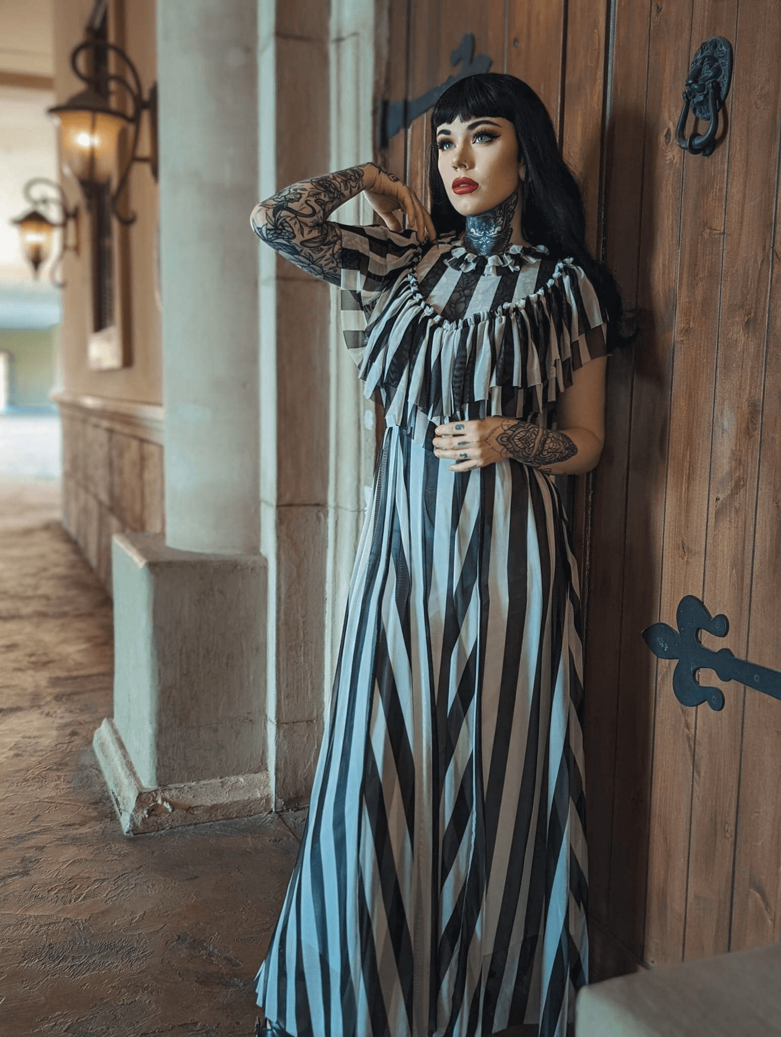 striped mesh dress Striped Mesh Maxi Dress Black