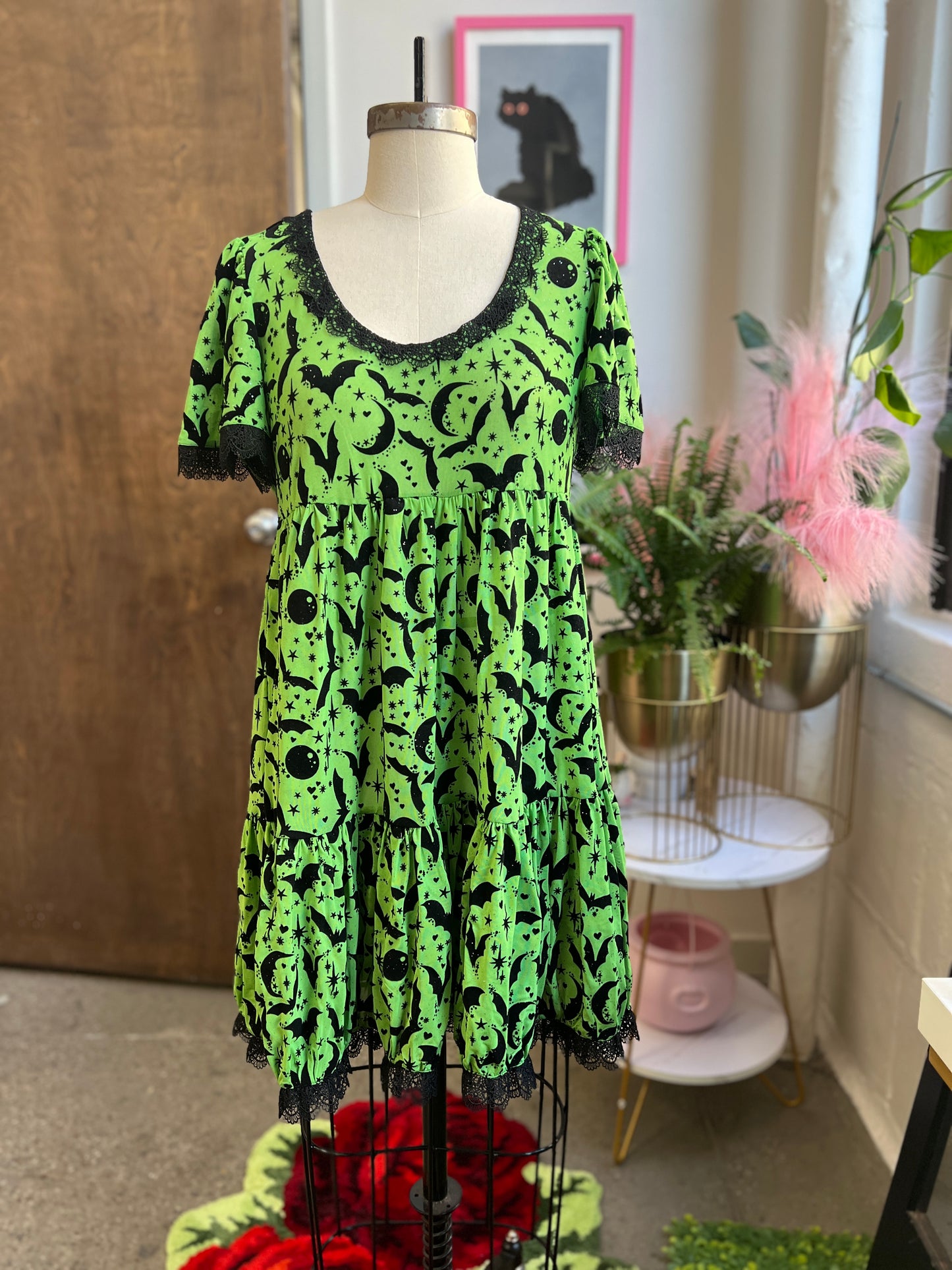 Raven Dress in Neon Green Queen of Halloween Flocked Sparkle Mesh