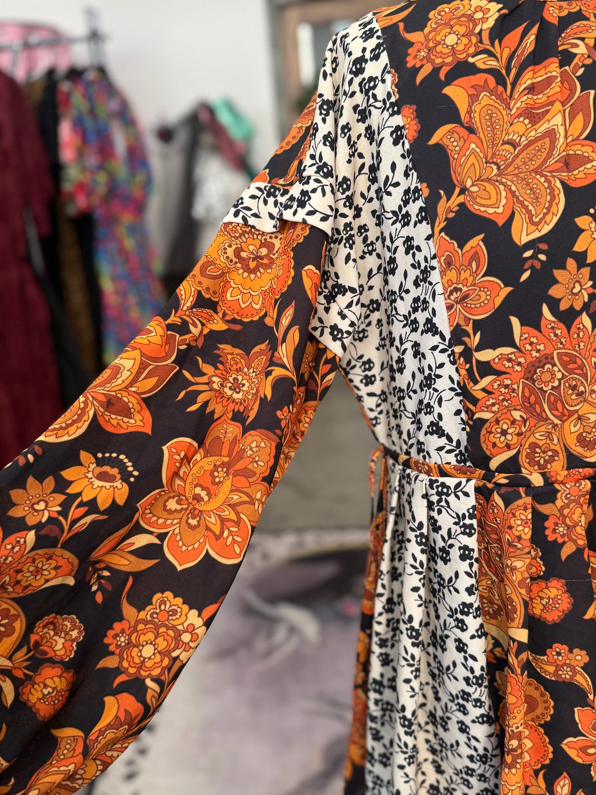 Vintage Mixed Print Foliage Mini Dress with Sleeves L/XL