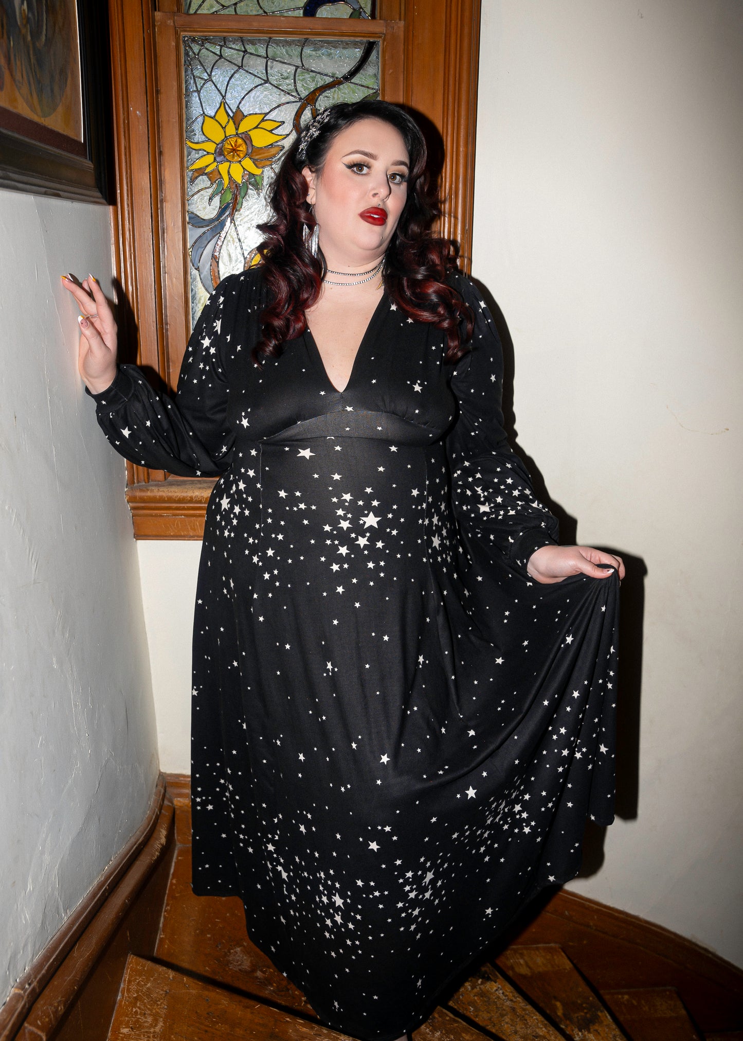 Raquel Maxi Dress with Bishop sleeves in star cluster print, soft brushed knit, stretchy and comfortable.