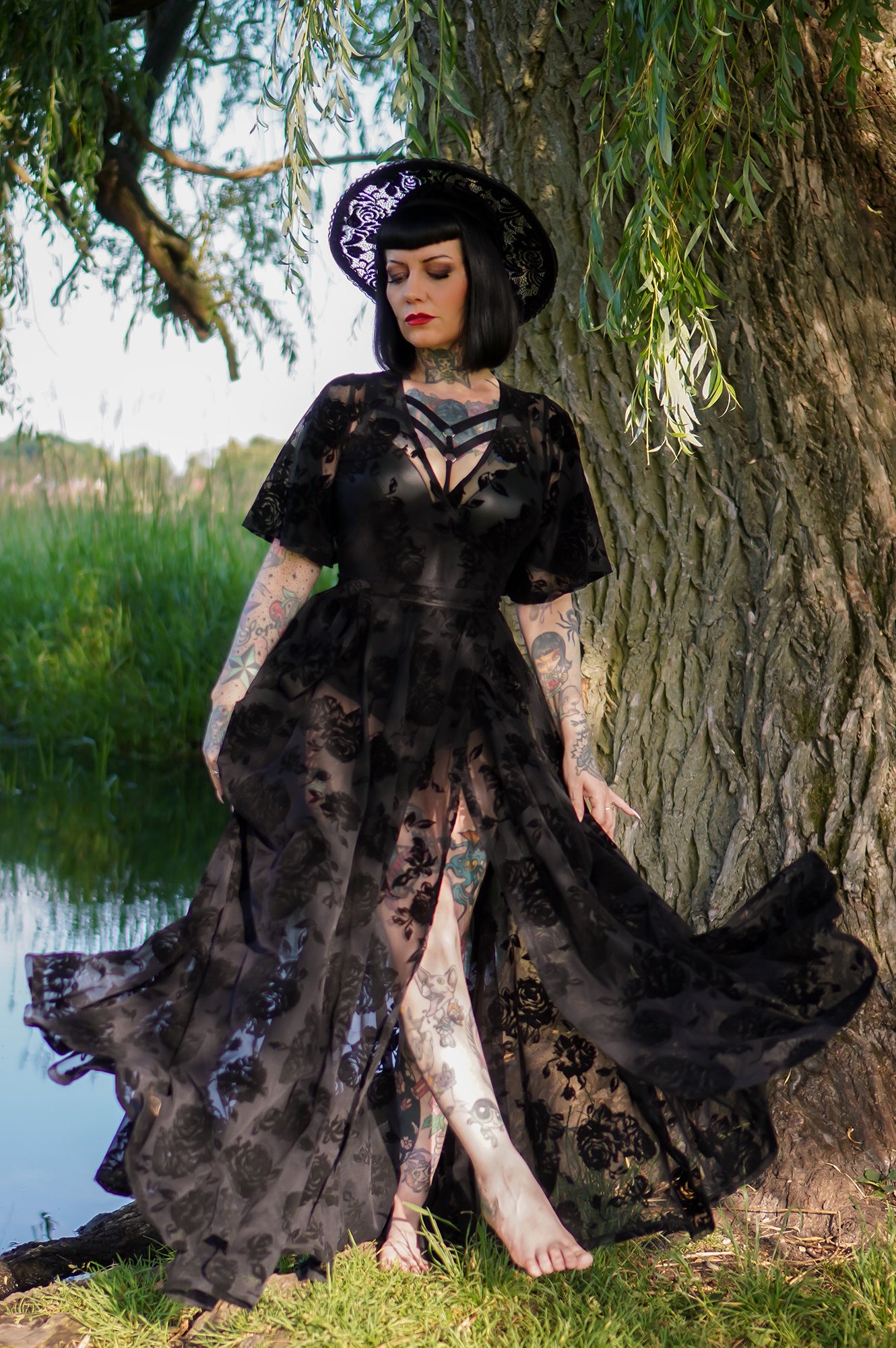 PRE ORDER* Lydia Wrap Dress in Flocked Rose Black Mesh PRE ORDER* Lydia Wrap Dress in Flocked Rose Black Mesh
