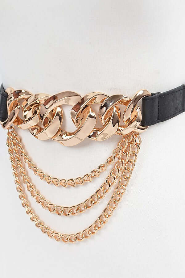 Black elastic belt with faux leather and gold chain detail