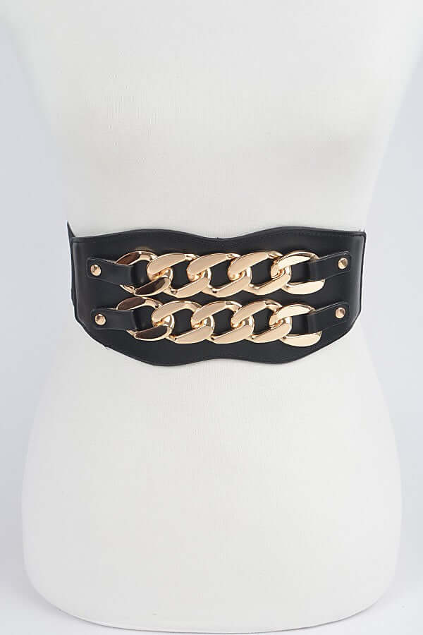 Black Elastic and Faux Leather Belt/Waist Cincher with Gold Chains
