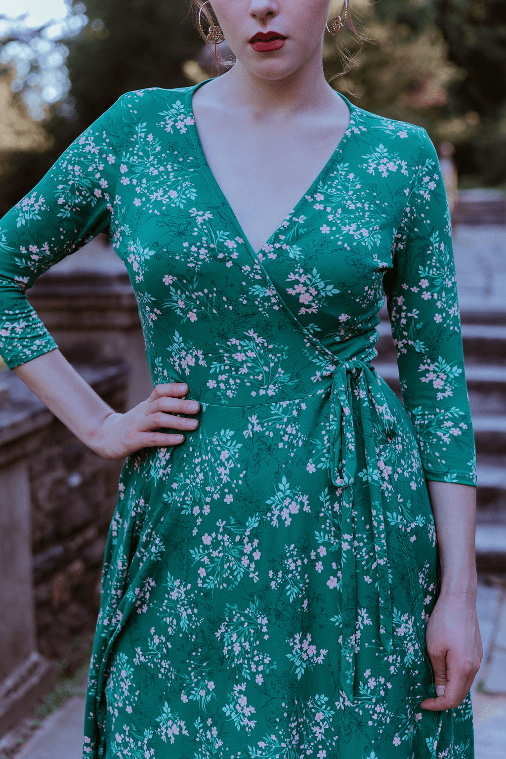 Green Floral Knit Audrey Wrap Dress - Wax Poetic Clothing Green Floral Knit Audrey Wrap Dress - Wax Poetic Clothing