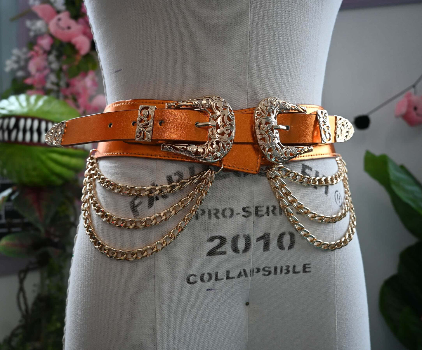 Western-style faux leather belt with double chains
