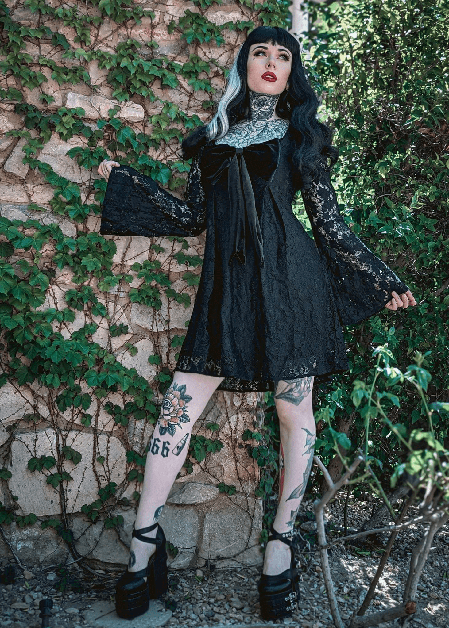 Priscilla 60's Bell Sleeve Lace Mini Dress in Black Priscilla 60's Bell Sleeve Lace Mini Dress in Black
