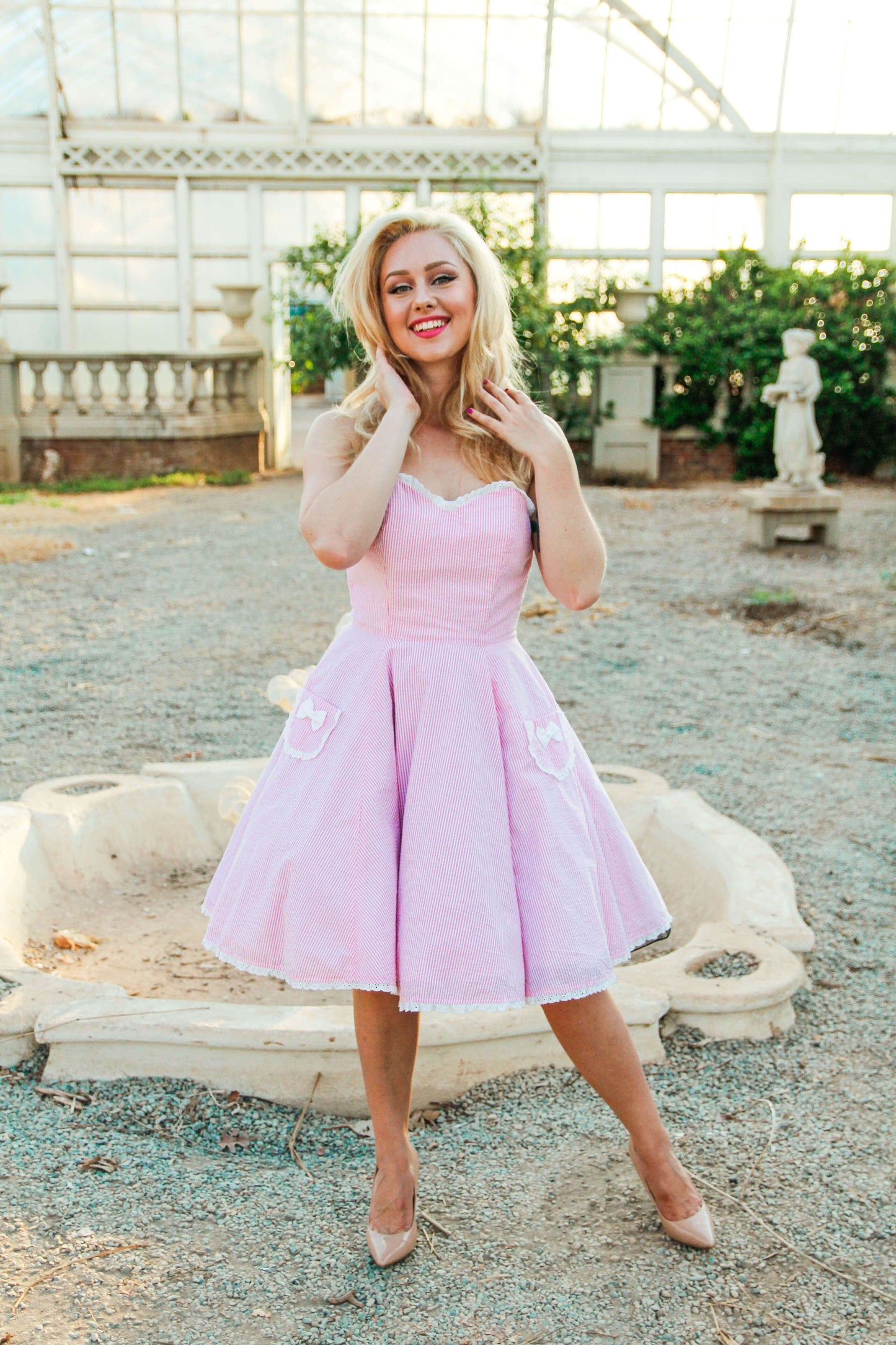 Pink Seersucker Sabrina dress - Wax Poetic Clothing