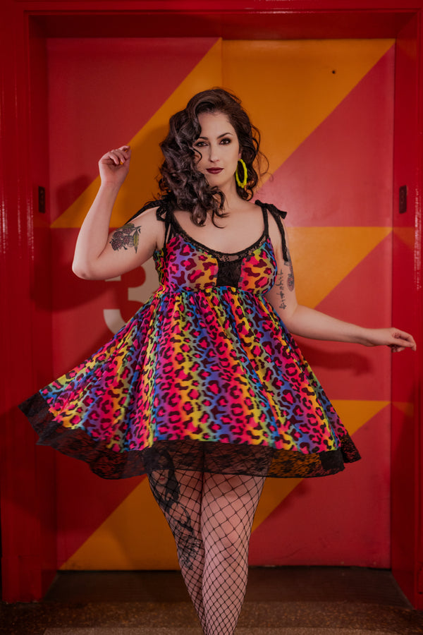 * PRE ORDER* Josie Babydoll Dress in Rainbow Leopard Mesh