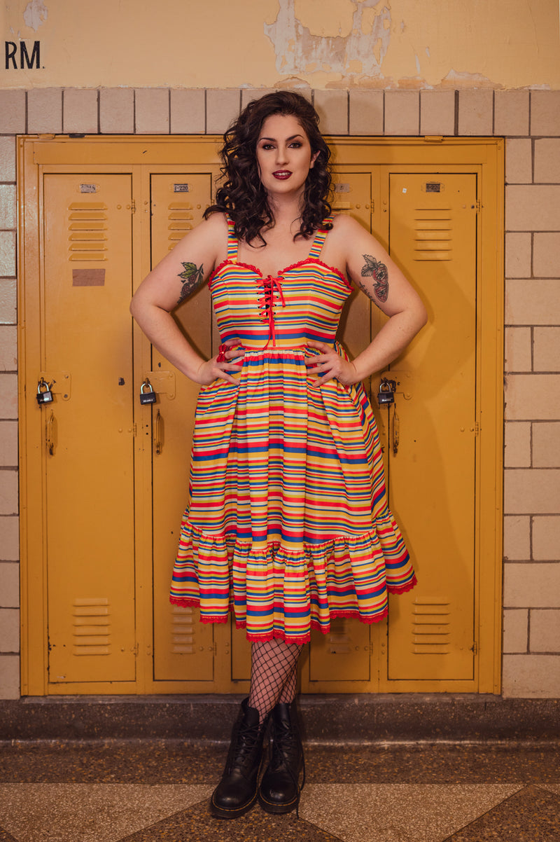 Heidi Swing dress with clown candy stripes