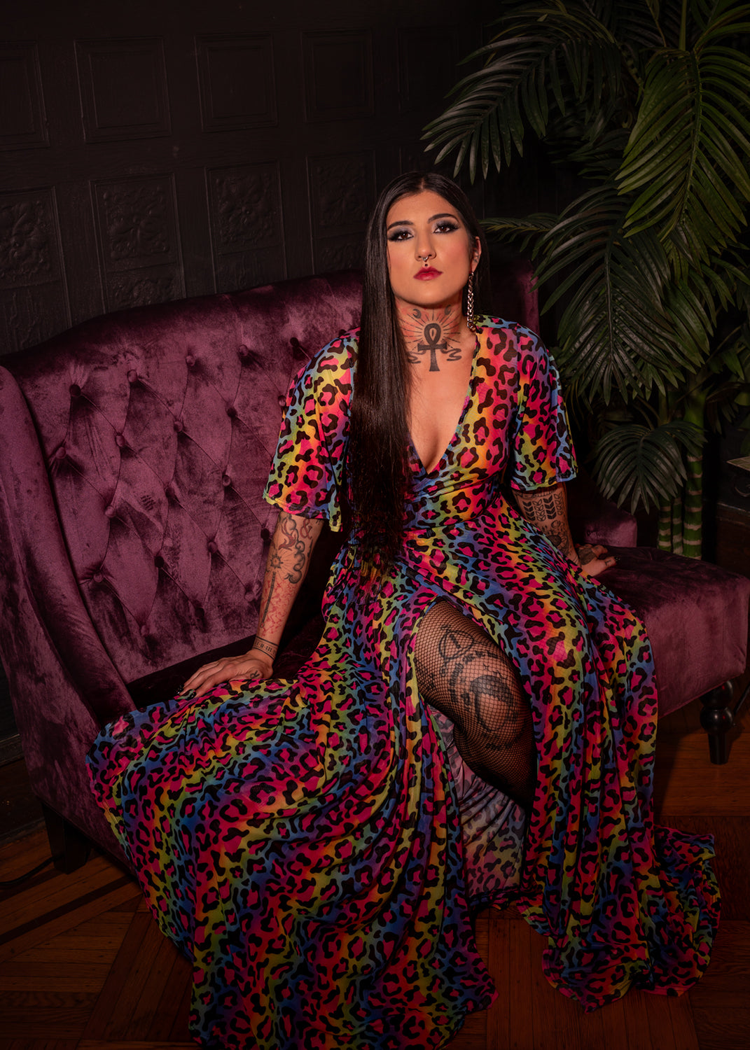 Lydia Wrap Dress in Neon Leopard Mesh 4X