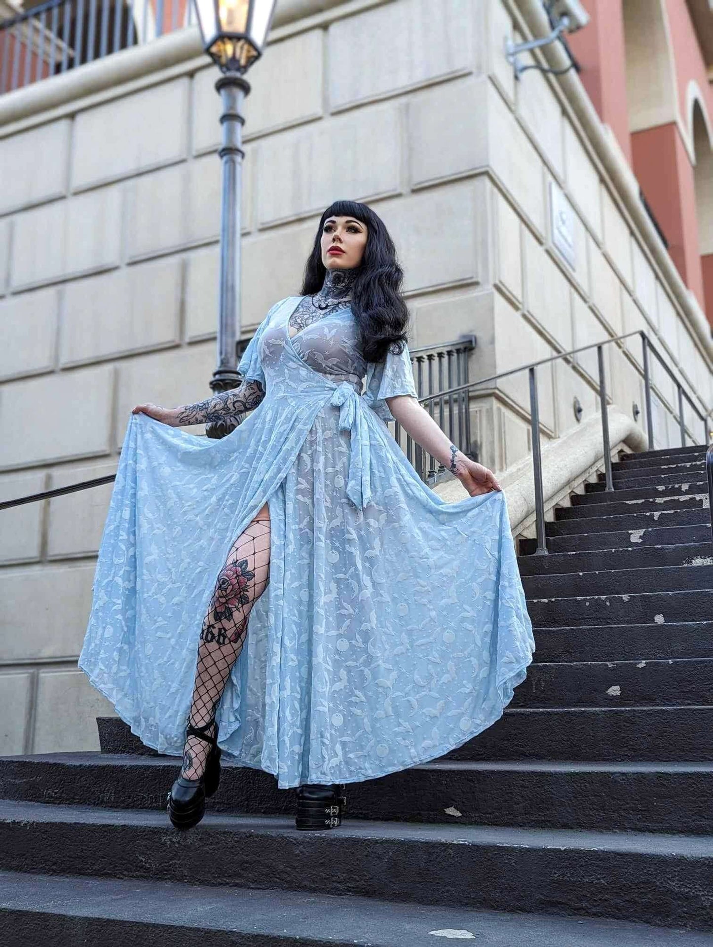 WAX POETIC Lydia wrap dress in Ice Queen of Halloween Flocked Mesh