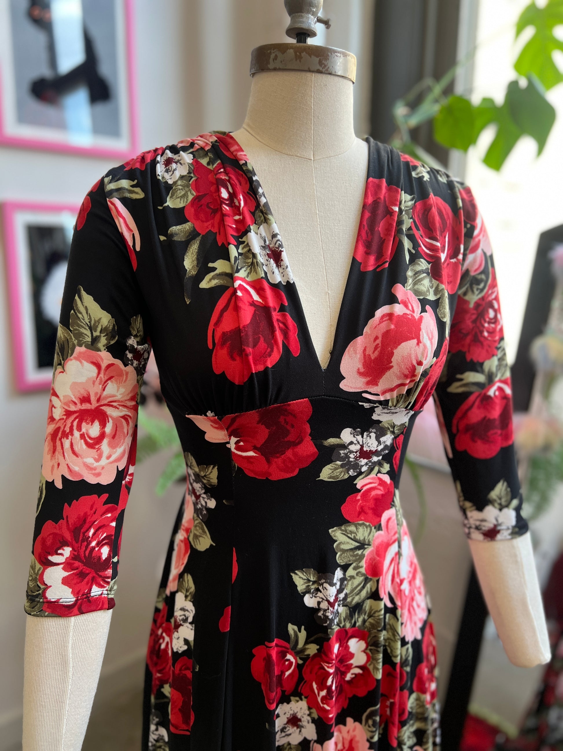 Raquel 3/4 Sleeve Maxi Dress in Red Rose Print 4X Raquel 3/4 Sleeve Maxi Dress in Red Rose Print 4X