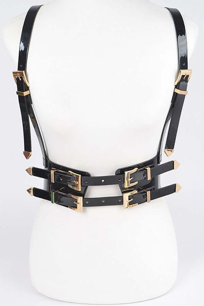 Glossy Faux Leather Harness with Metallic Buckle Details