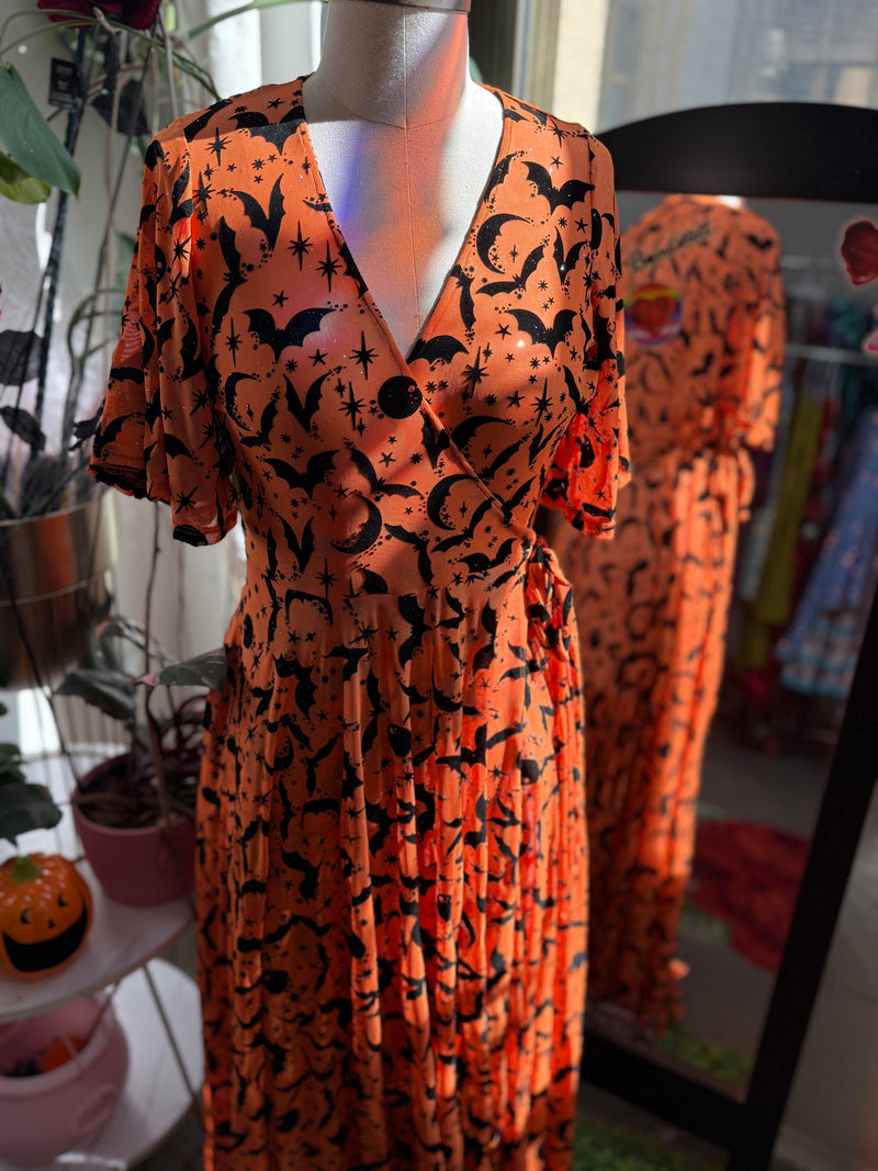 Lydia Wrap Dress in Queen of Halloween Orange Flocked Mesh