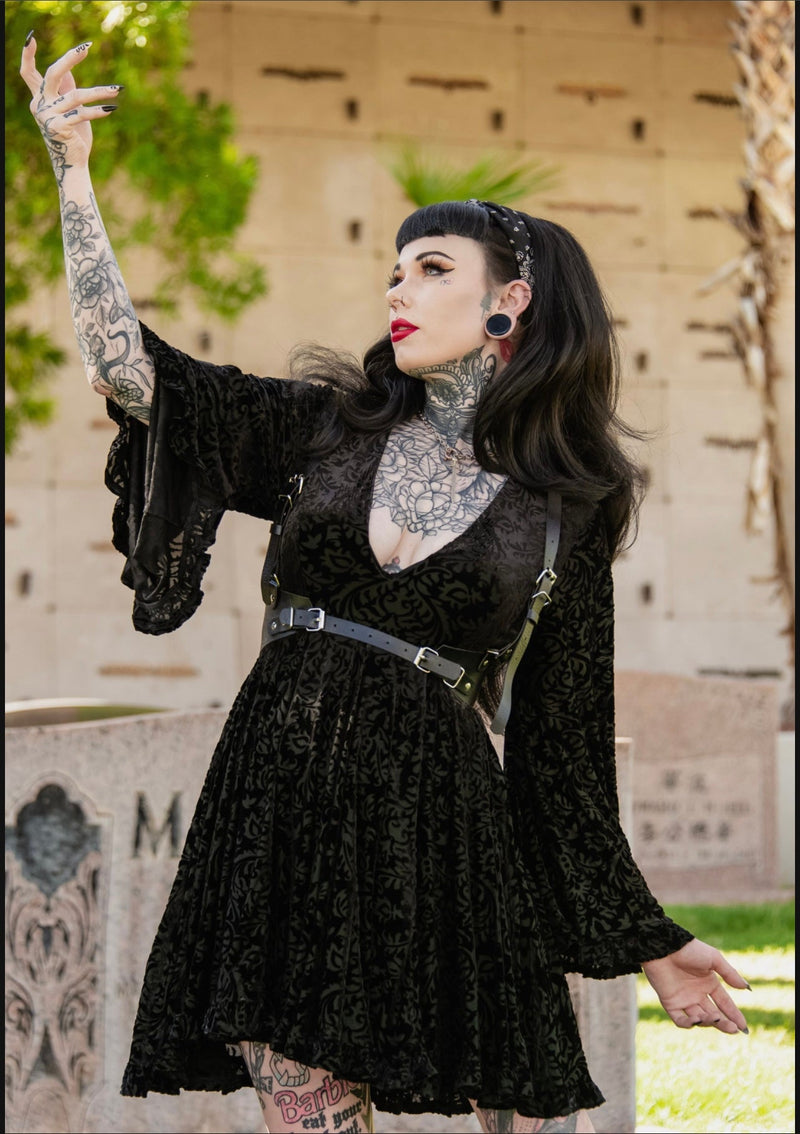 Witchwood Bags Nyx - Bell Sleeved Velvet Damask Dress with Harness