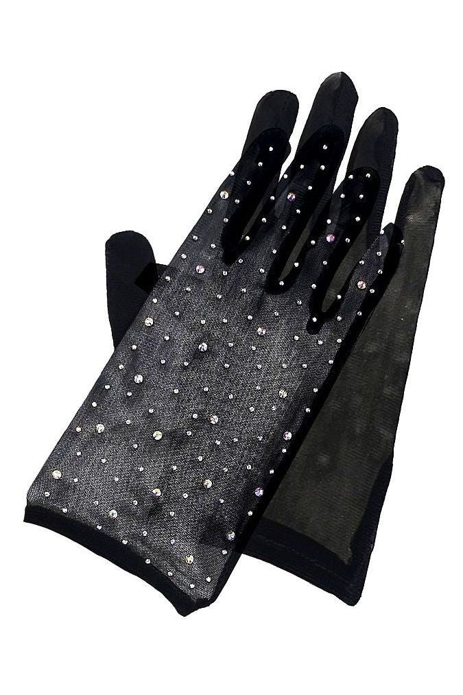 Black Mesh Rhinestone Gloves