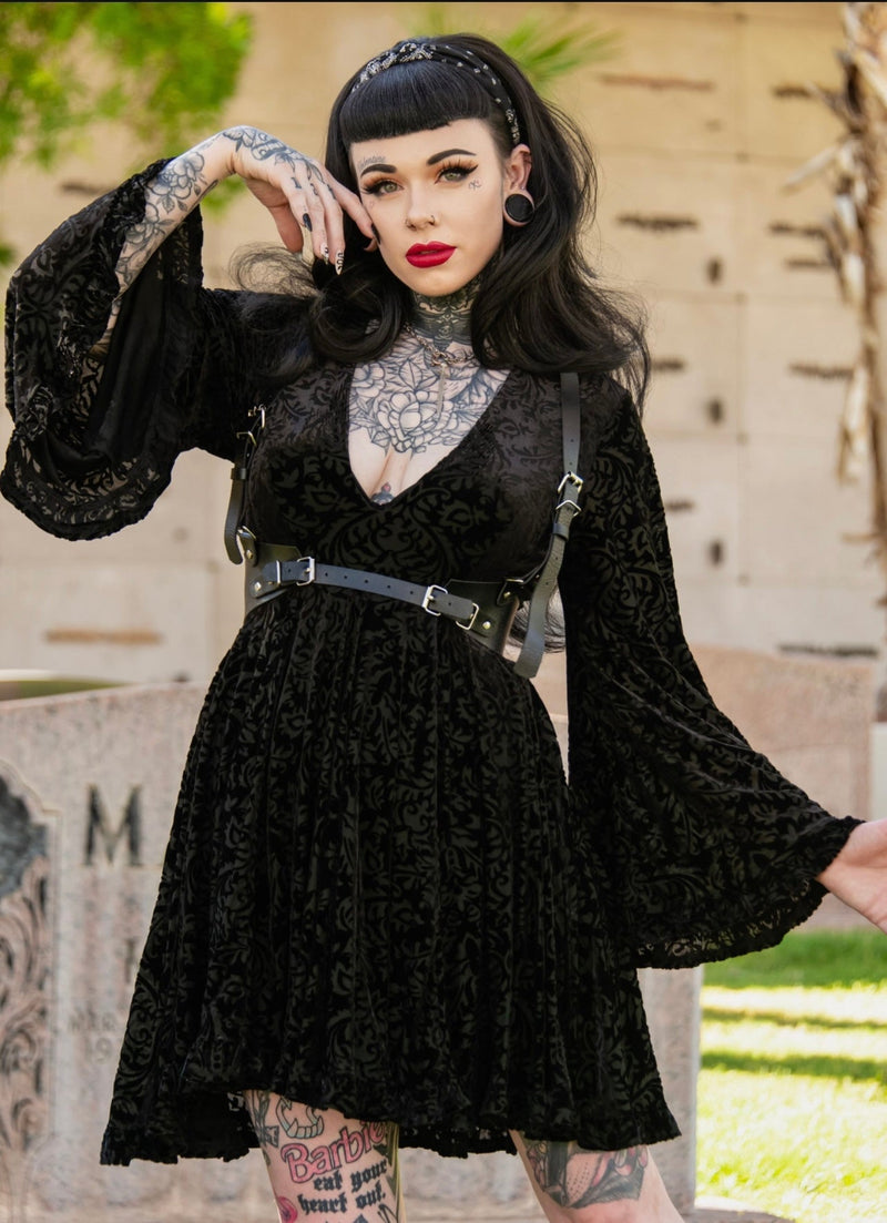 Witchwood Bags Nyx - Bell Sleeved Velvet Damask Dress with Harness