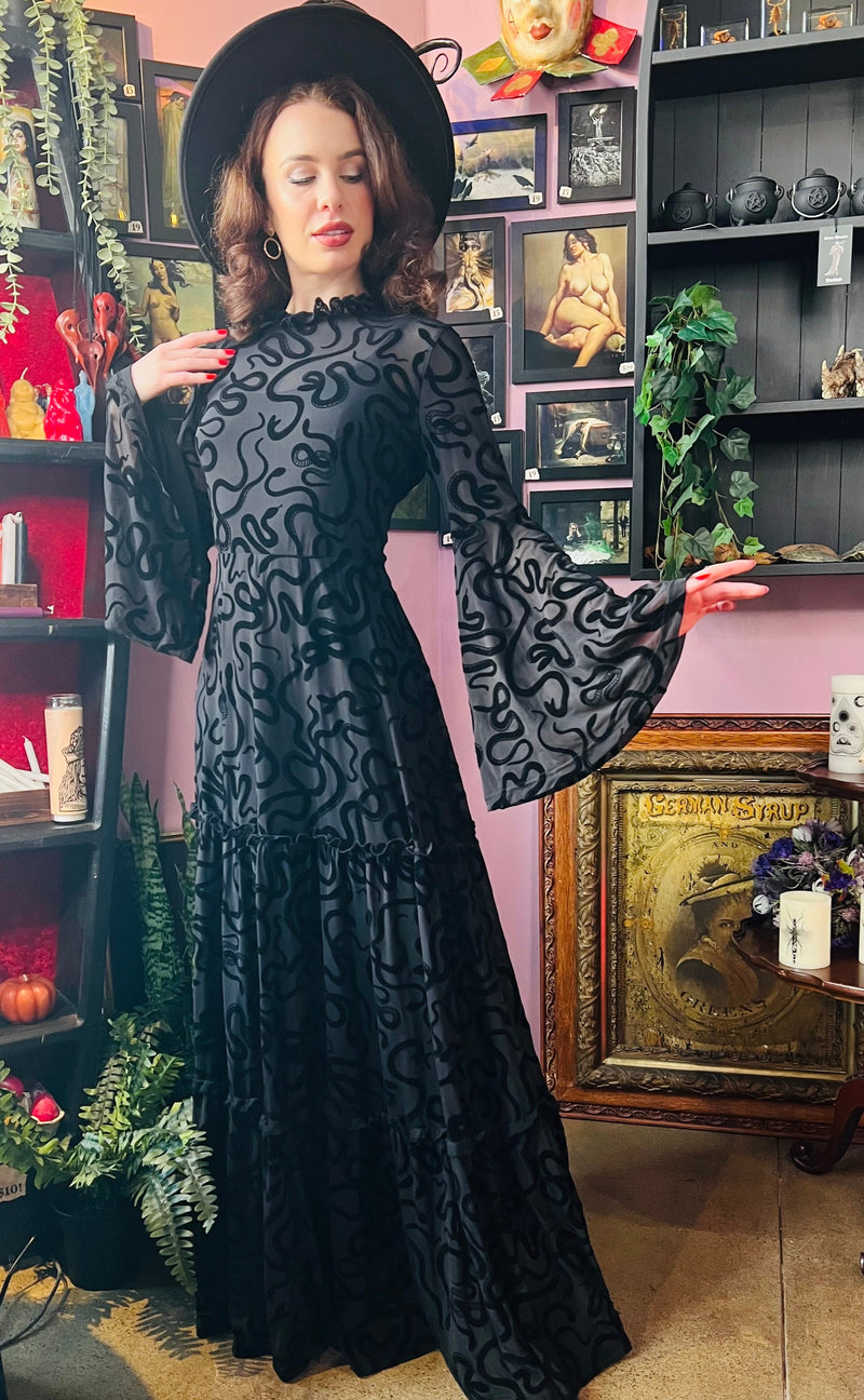 Sloane - Velvet Flocked Snake Maxi Dress with Bell Sleeves - by Witchwood Bags