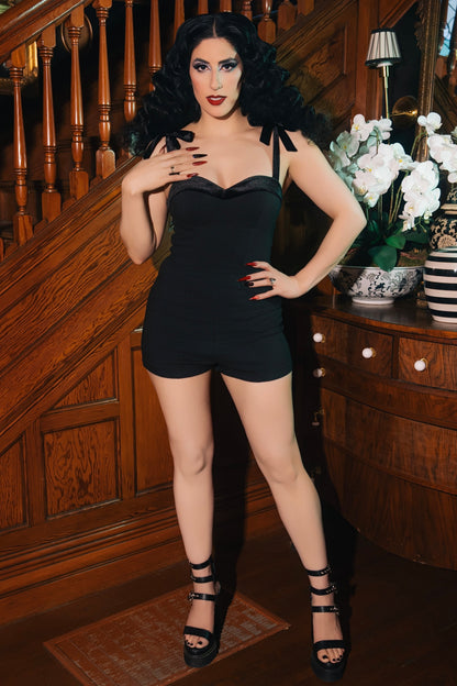 Troublemaker Bow Romper+Ruffle Overskirt Set by Weasel Wear