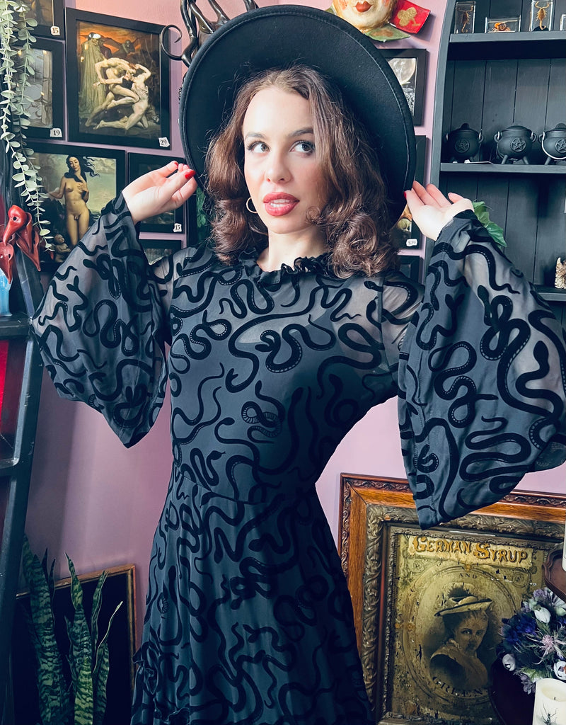 Sloane - Velvet Flocked Snake Maxi Dress with Bell Sleeves - by Witchwood Bags