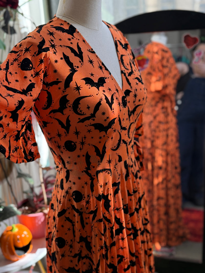 Lydia Wrap Dress in Queen of Halloween Orange Flocked Mesh