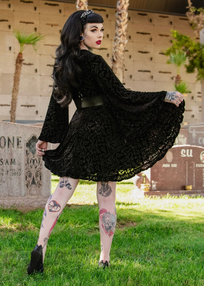 Witchwood Bags Nyx - Bell Sleeved Velvet Damask Dress with Harness