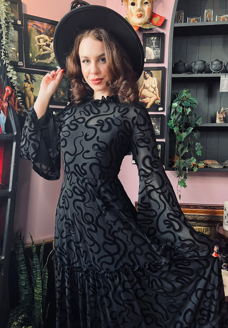 Sloane - Velvet Flocked Snake Maxi Dress with Bell Sleeves - by Witchwood Bags