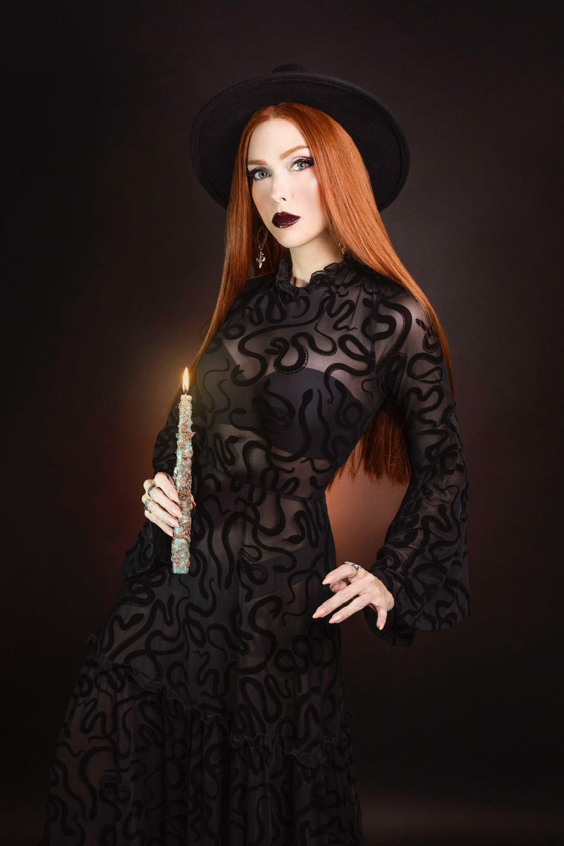 Sloane - Velvet Flocked Snake Maxi Dress with Bell Sleeves - by Witchwood Bags