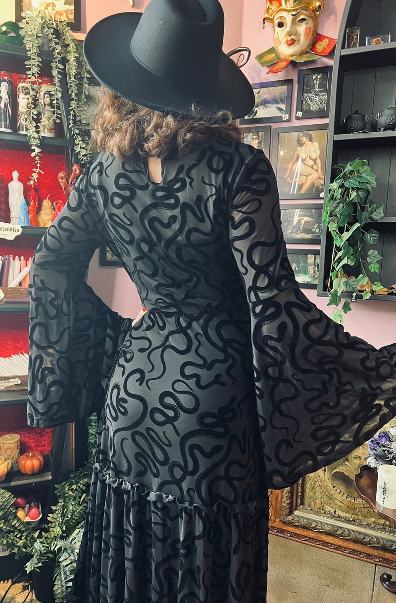 Sloane - Velvet Flocked Snake Maxi Dress with Bell Sleeves - by Witchwood Bags
