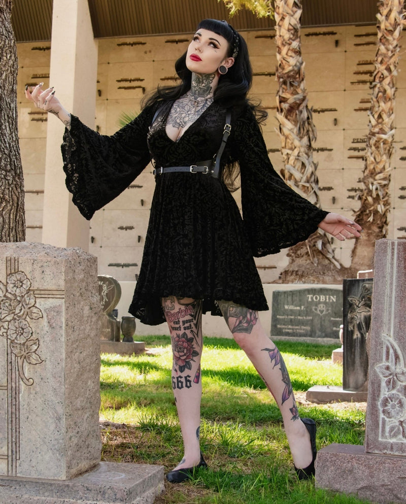 Witchwood Bags Nyx - Bell Sleeved Velvet Damask Dress with Harness