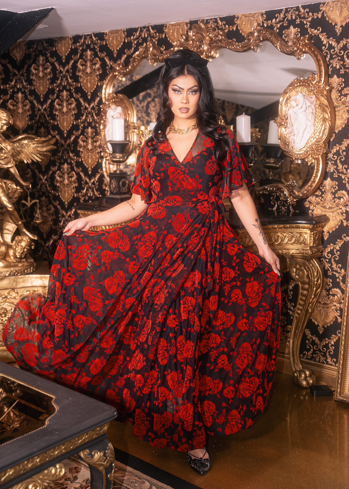 *PRE ORDER* Lydia Wrap Dress in Flocked Red Rose on Black Mesh