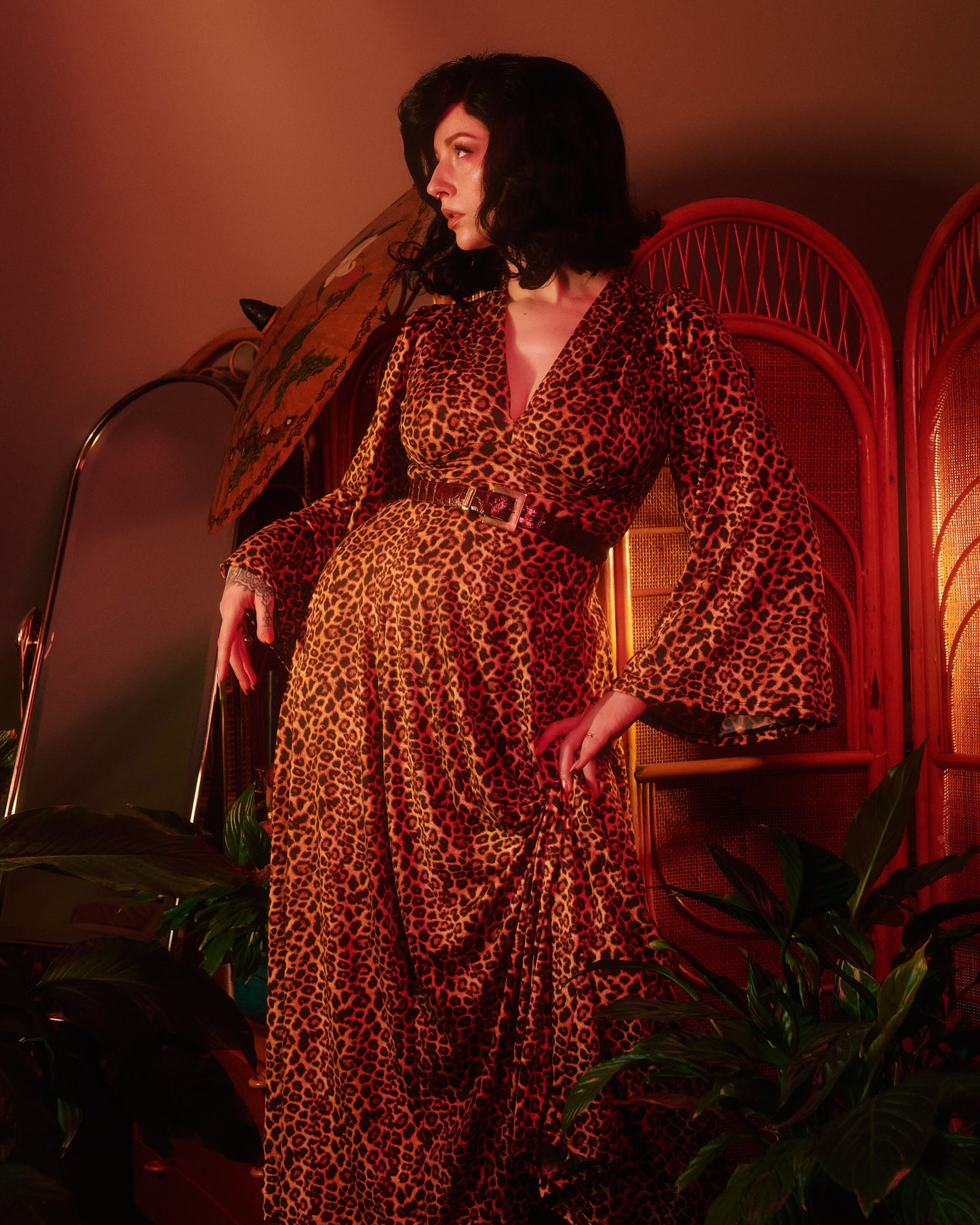 Raquel Maxi Dress with Bell Sleeves in Leopard Print Knit Raquel Maxi Dress with Bell Sleeves in Leopard Print Knit