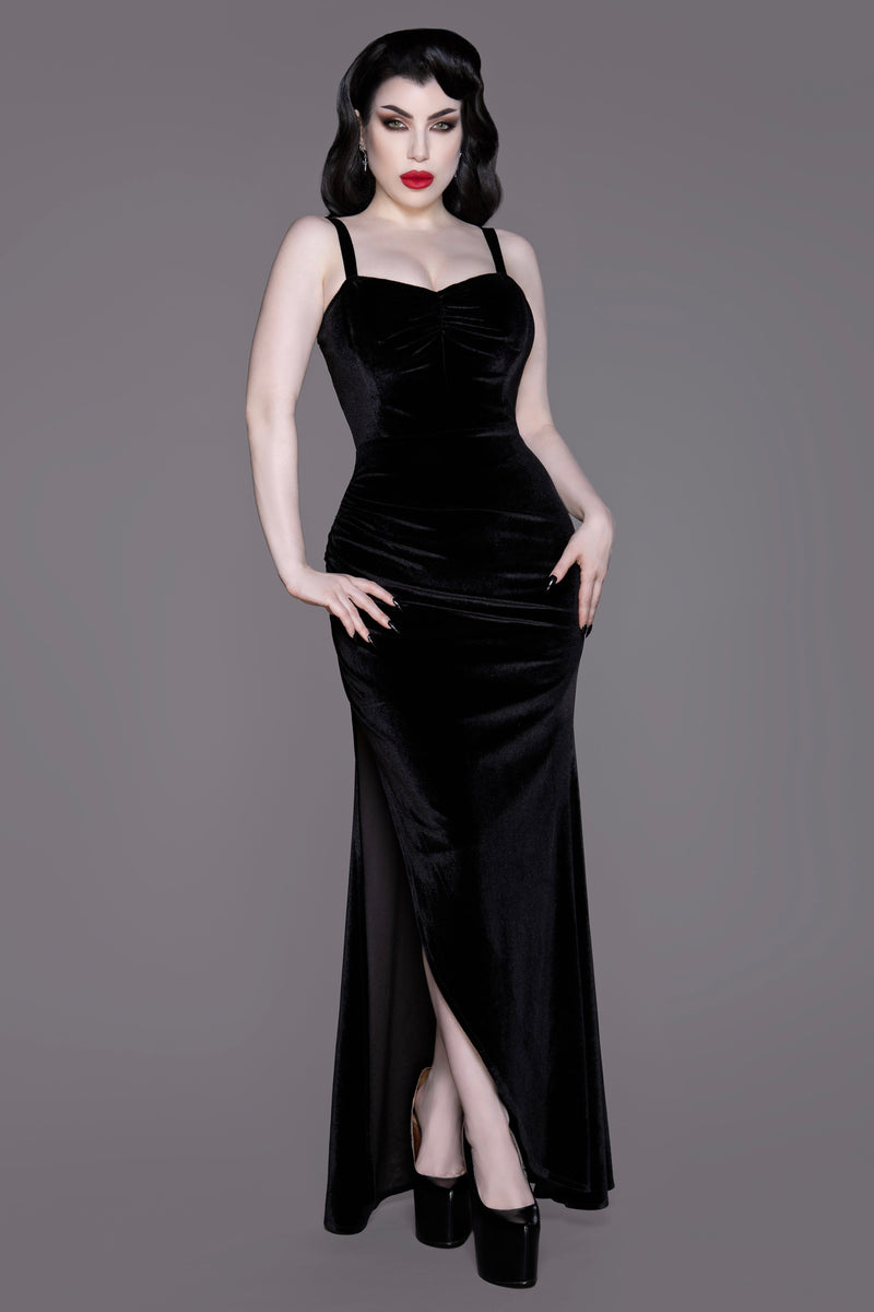 Weasel Wear Grim Reaper Velvet Gown + Removable Hood - Black Velvet Gown with Damask-Lined Hood (Haute Horror Finale Edition)