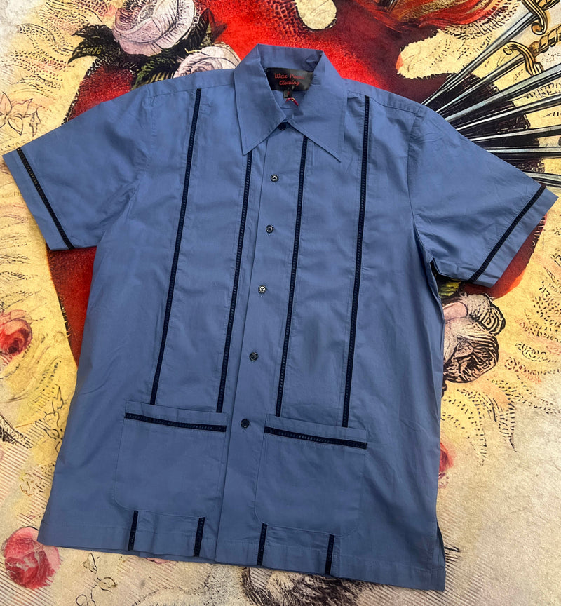 Men's Working Blues Cocktail shirt in navy with black trim and pockets, 100% cotton, oversized fit.