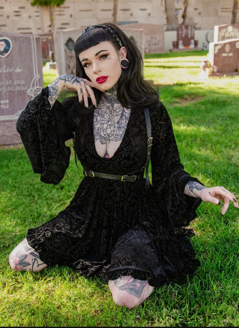 Witchwood Bags Nyx - Bell Sleeved Velvet Damask Dress with Harness