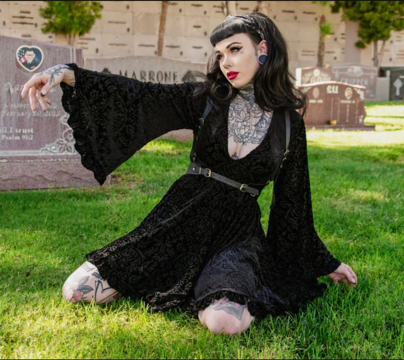 Witchwood Bags Nyx - Bell Sleeved Velvet Damask Dress with Harness