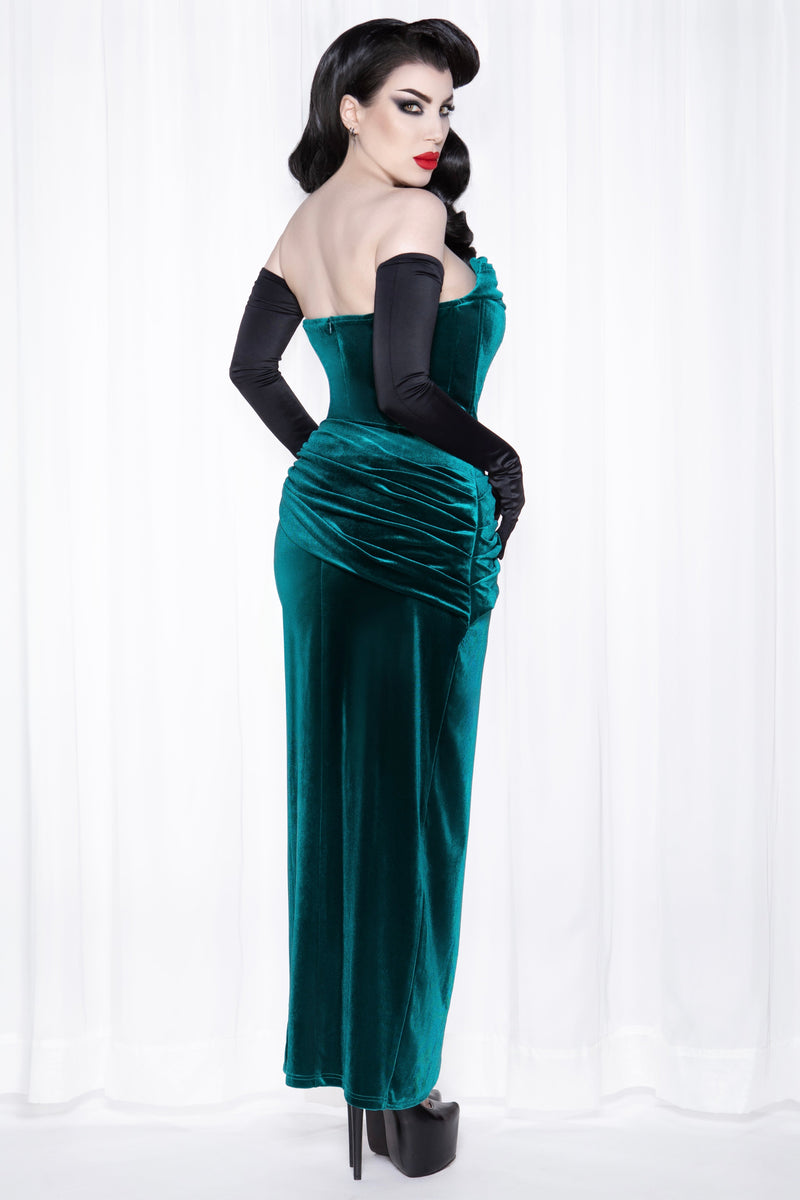 Weasel Wear Phantom Emerald Velvet Swag Gown / Emerald Stretch Velvet Gown with Draped Neckline & Starburst Brooch (Jewel of the Night Edition)