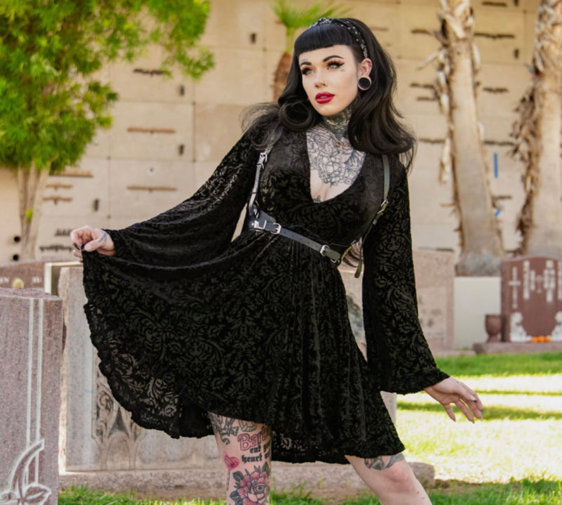 Witchwood Bags Nyx - Bell Sleeved Velvet Damask Dress with Harness