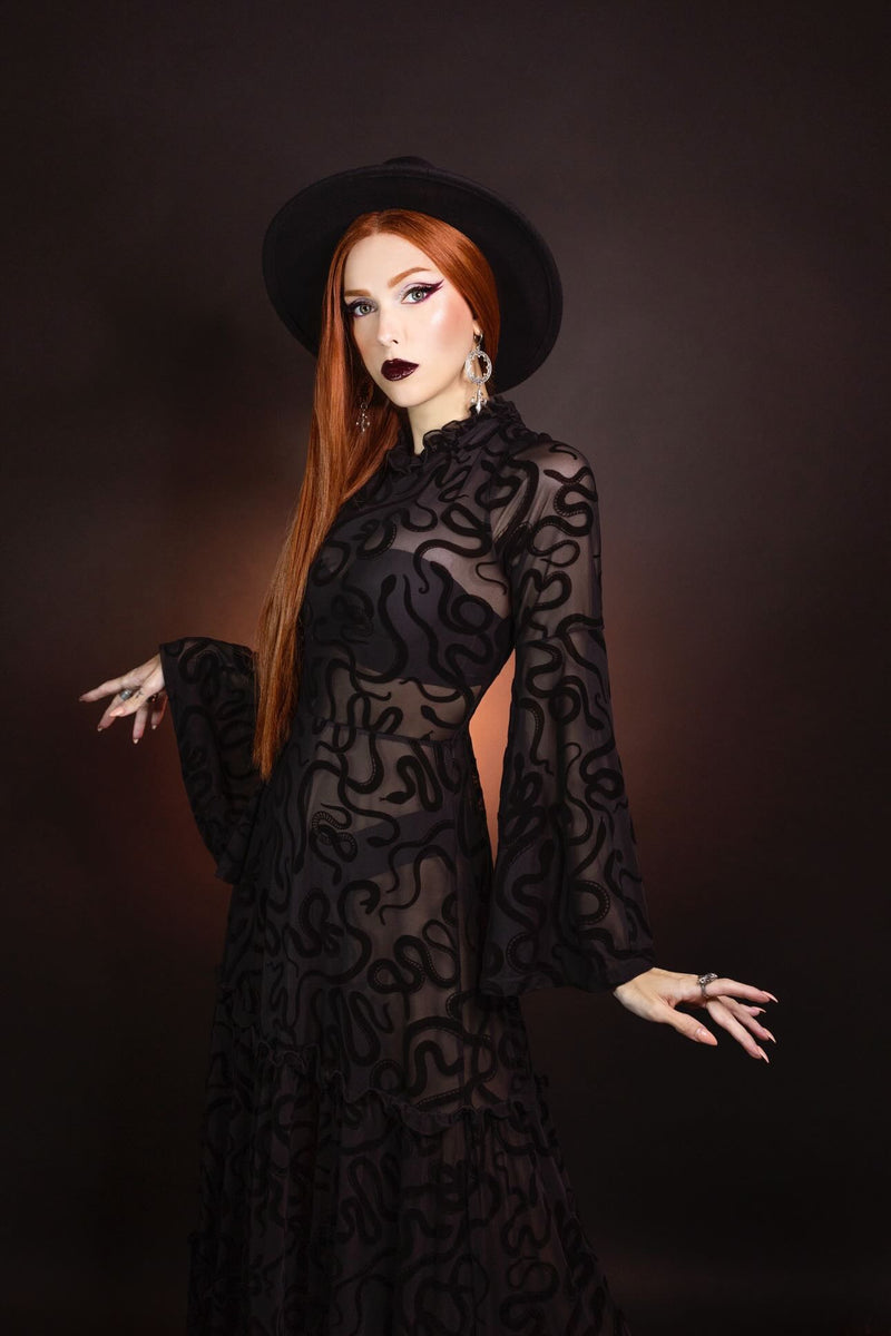 Sloane - Velvet Flocked Snake Maxi Dress with Bell Sleeves - by Witchwood Bags