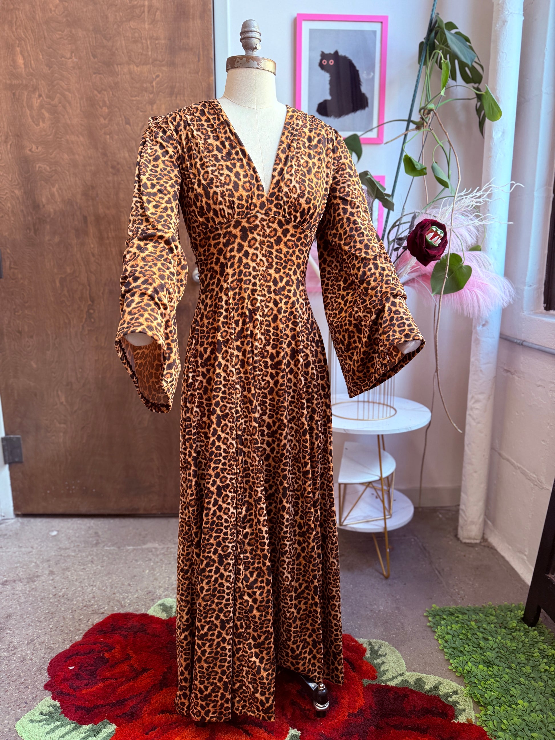 strapless open back dress Raquel Maxi Dress with Bell Sleeves in Leopard Print Knit Xs