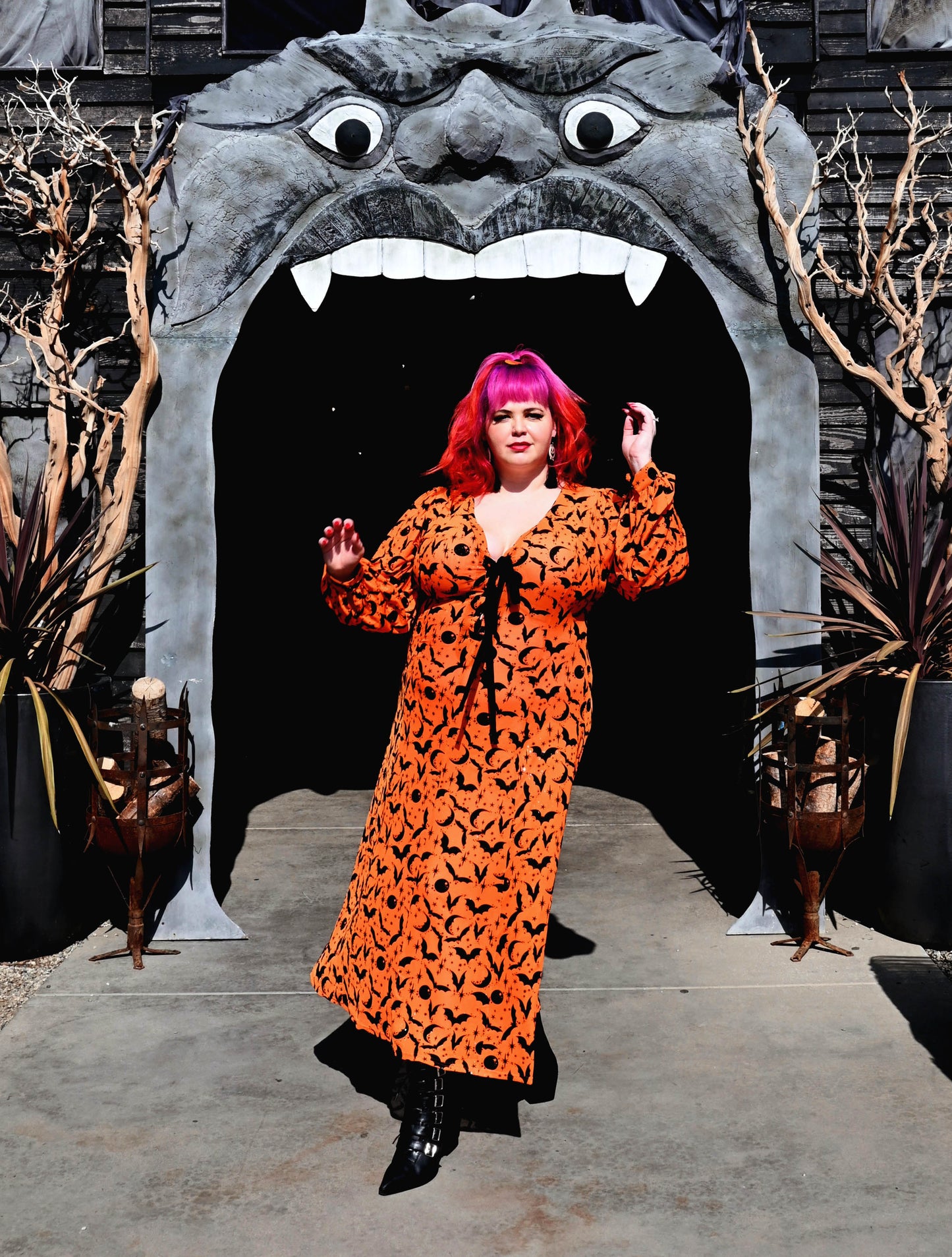 Penny Maxi Dress in Orange Sparkle Queen of Halloween Flocked Mesh