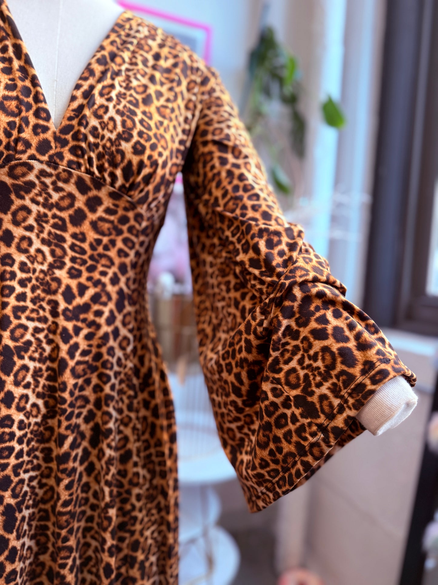 leopard print wrap maxi dress Raquel Maxi Dress with Bell Sleeves in Leopard Print Knit