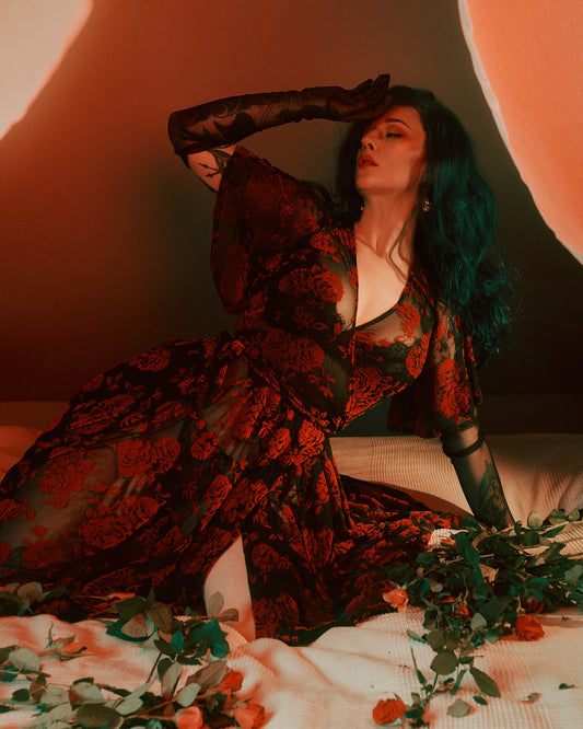 *PRE ORDER* Aurora Wrap Dress in Flocked Red Roses